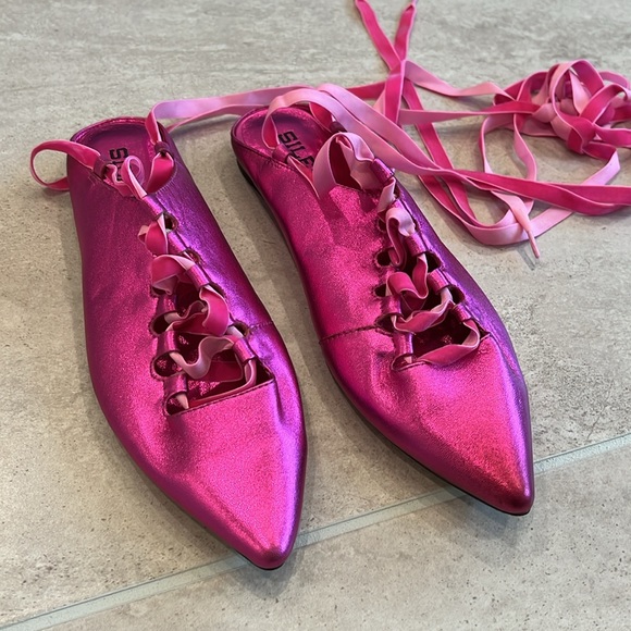 Free People Silent D Charly Lace Up Flats size 38 Fuchsia Metallic Leather New - Picture 6 of 9
